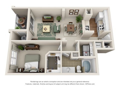 Floor plan for 1 bed, 1 bath, 791 sqft